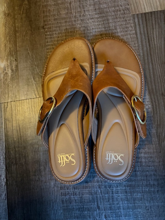 Sofft Shoes - Sofft Chestnut Leather Thong Sandals with Gold Buckle